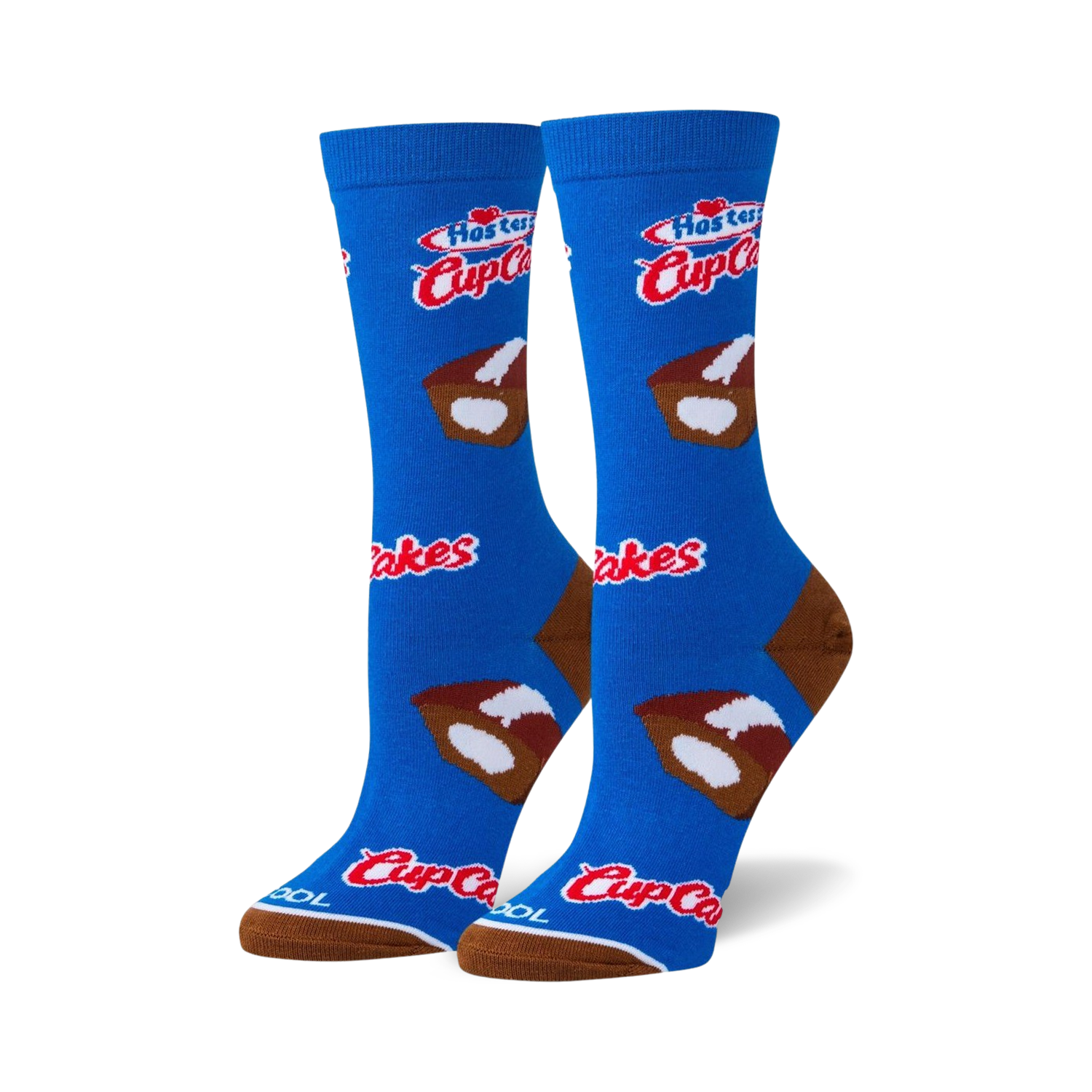 Pair of blue crew socks with Hostess Cupcakes design. Features brown and white cupcake illustrations and Hostess logo.