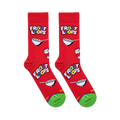 Flat lay of red crew socks showing Froot Loops logos, milk cartons, cereal bowls, and a bright green toe with a blue line.