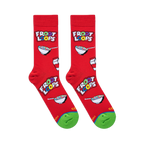 Flat lay of red crew socks showing Froot Loops logos, milk cartons, cereal bowls, and a bright green toe with a blue line.