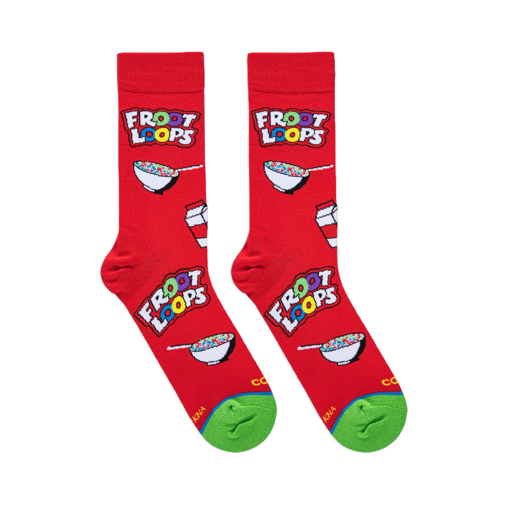 Flat lay of red crew socks showing Froot Loops logos, milk cartons, cereal bowls, and a bright green toe with a blue line.