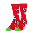 Red crew socks featuring a pattern of Froot Loops logos, white milk cartons, and bowls of colorful cereal with a green toe.