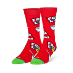 Red crew socks featuring a pattern of Froot Loops logos, white milk cartons, and bowls of colorful cereal with a green toe.