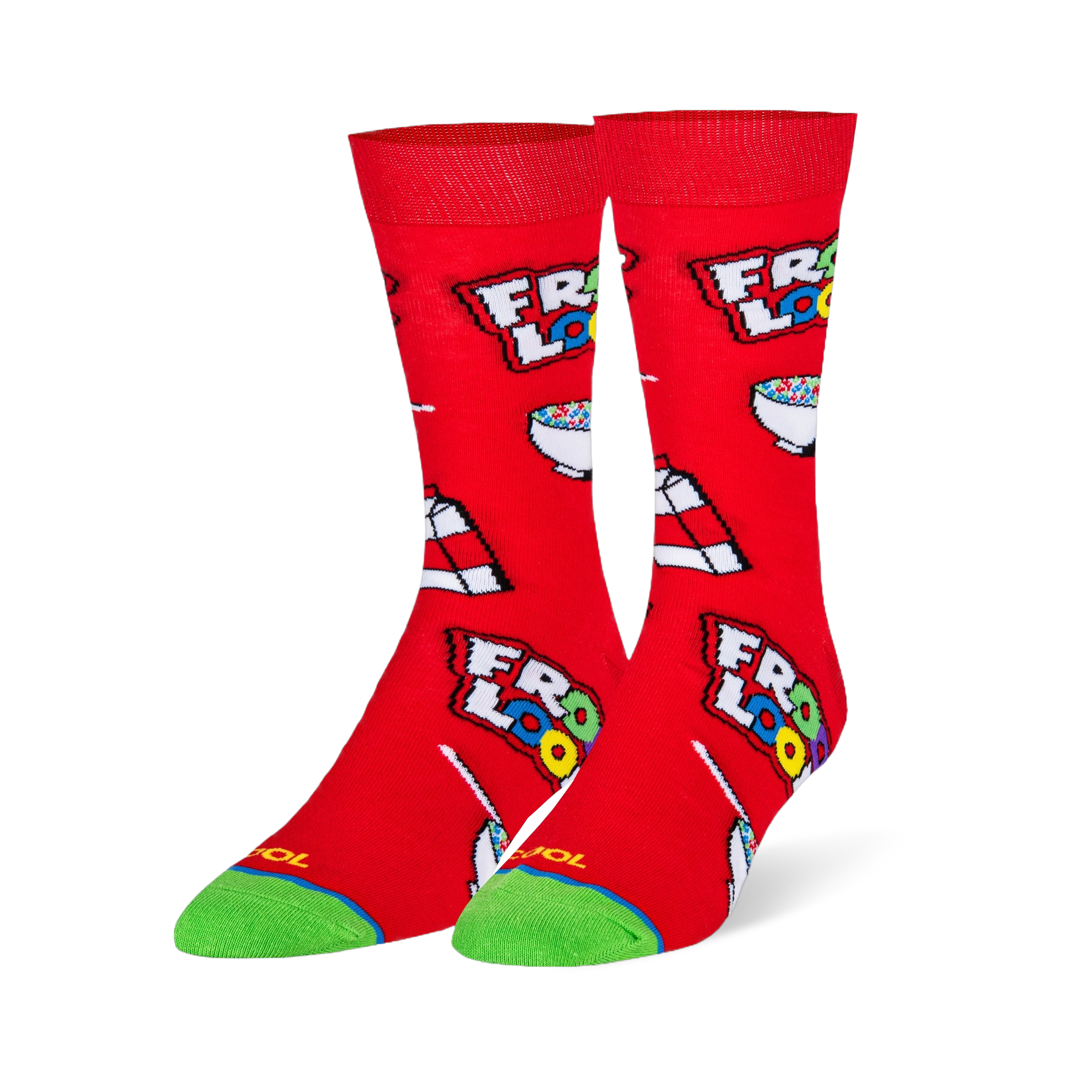 Red crew socks featuring a pattern of Froot Loops logos, white milk cartons, and bowls of colorful cereal with a green toe.