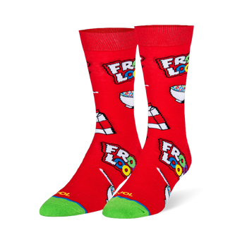 Red crew socks featuring a pattern of Froot Loops logos, white milk cartons, and bowls of colorful cereal with a green toe.