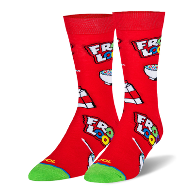 Red crew socks featuring a pattern of Froot Loops logos, white milk cartons, and bowls of colorful cereal with a green toe.