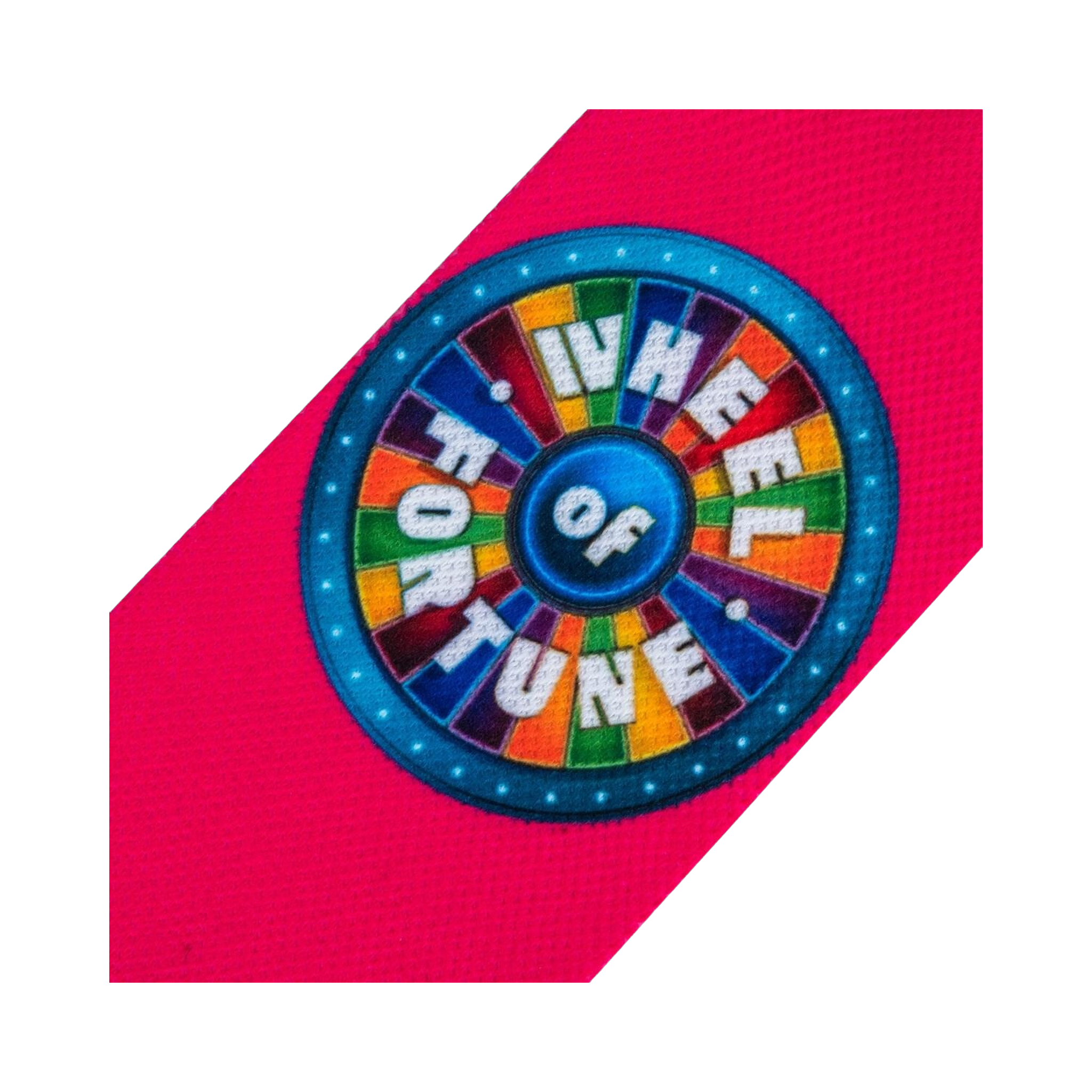 Detailed close-up of the Wheel of Fortune logo on the bright pink portion of the sock.