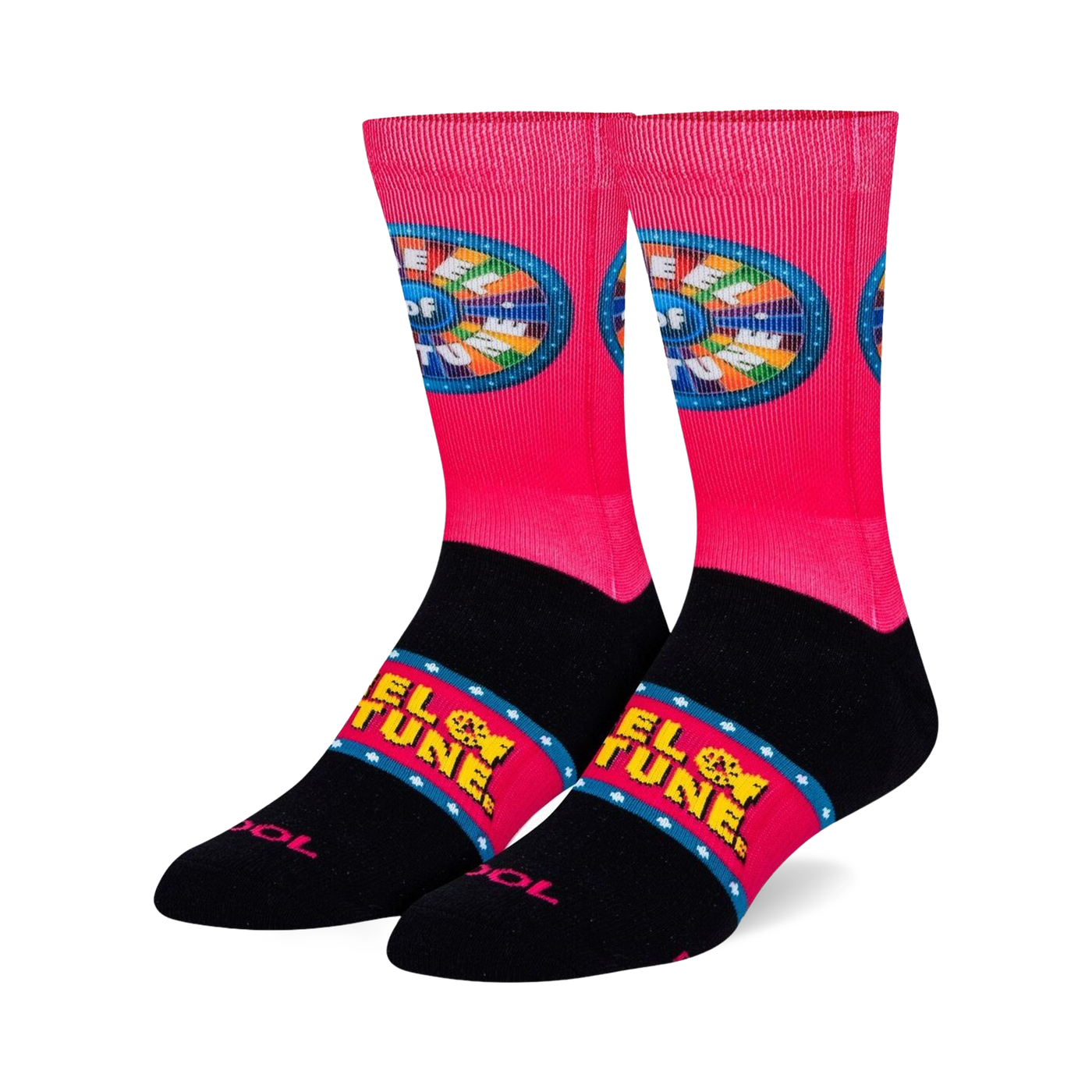 Pair of crew socks in pink and black.  The Wheel of Fortune logo is prominently displayed on the sock.