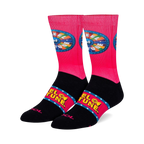 Pair of crew socks in pink and black.  The Wheel of Fortune logo is prominently displayed on the sock.
