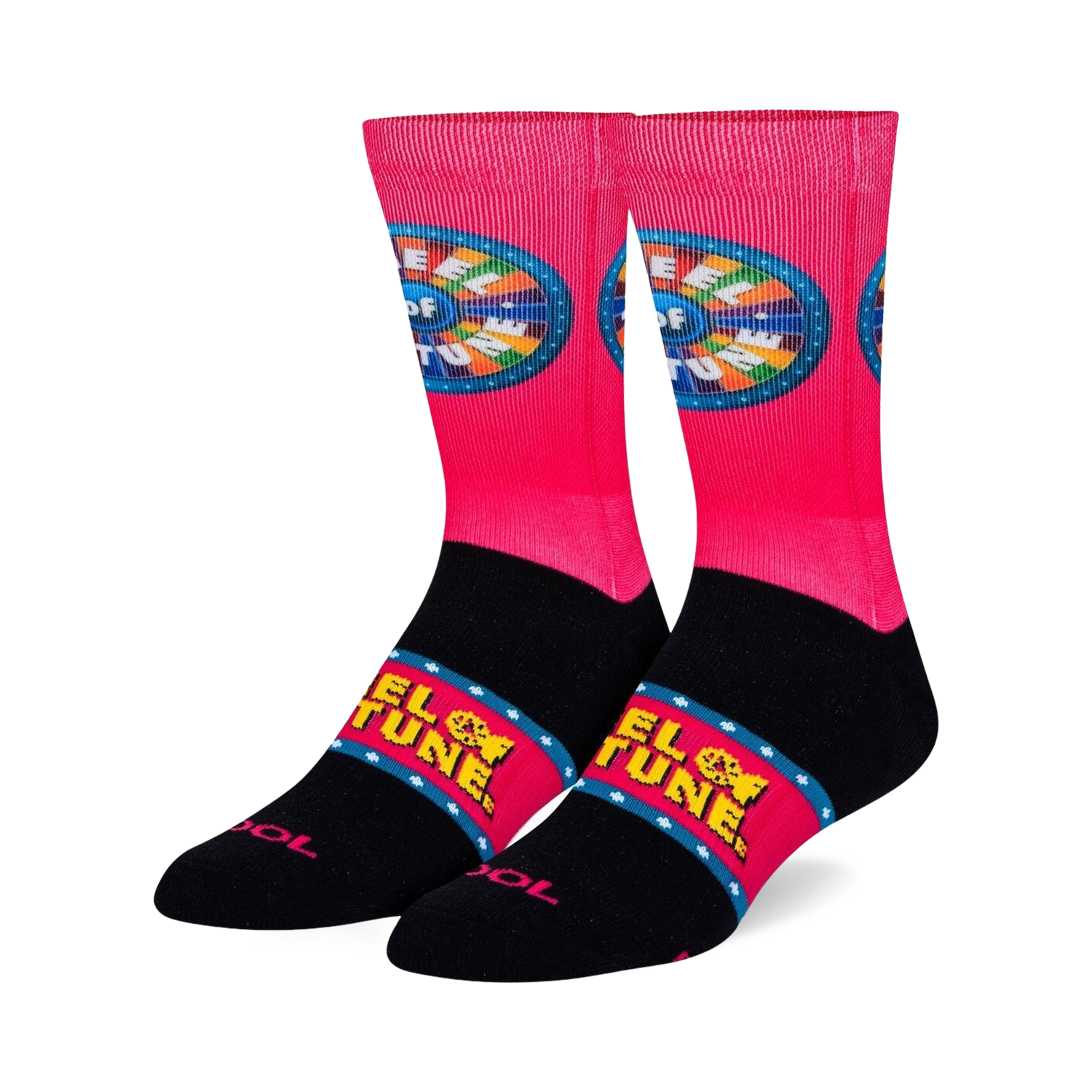 Pair of crew socks in pink and black.  The Wheel of Fortune logo is prominently displayed on the sock.