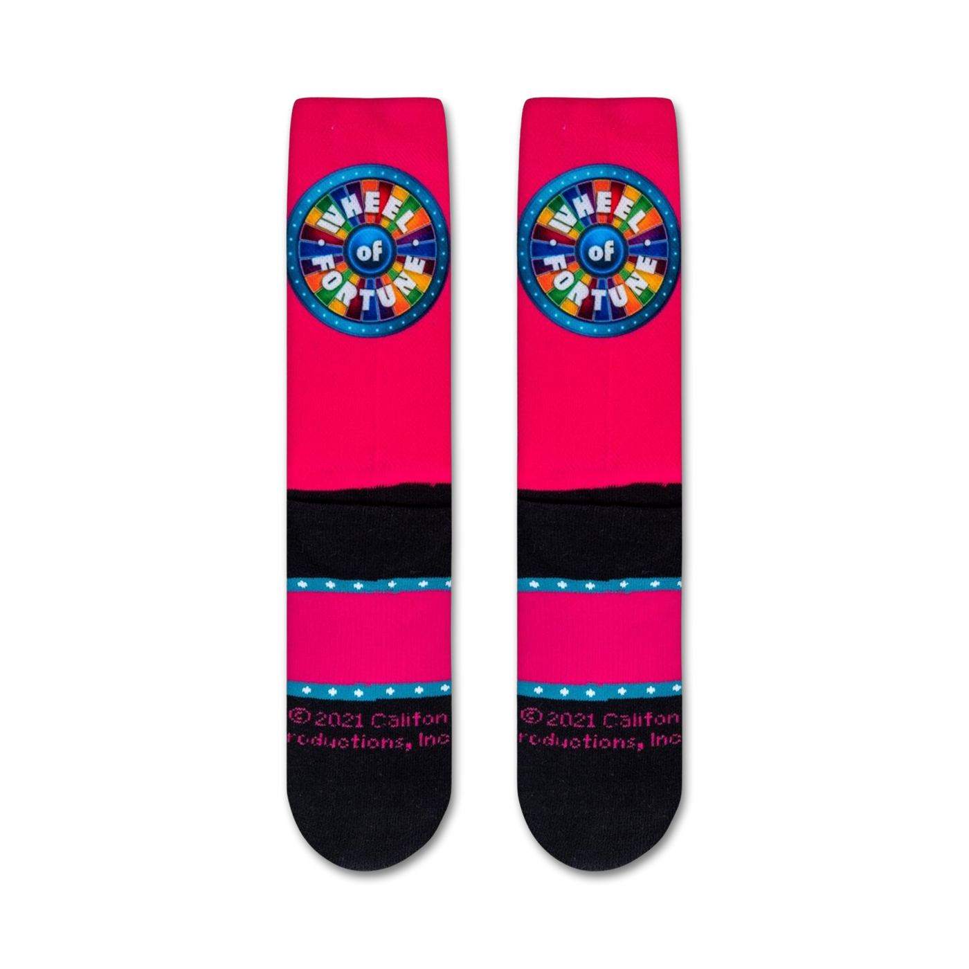 Flatlay product shot of Wheel of Fortune socks showing both socks.