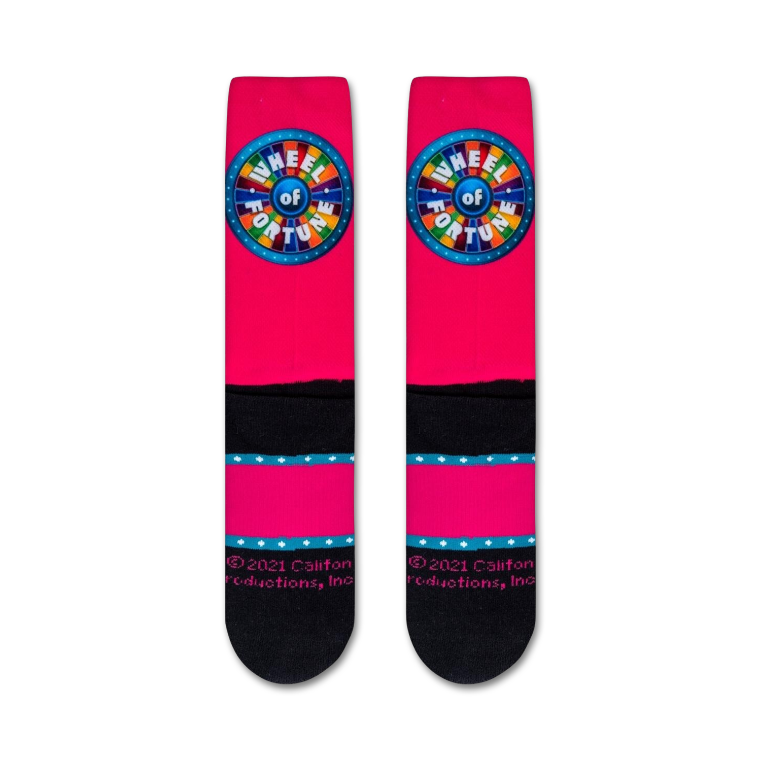 Flatlay product shot of Wheel of Fortune socks showing both socks.