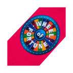 Close-up detail shot of the Wheel of Fortune logo on the pink section of the sock.