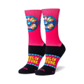 Pair of crew socks; hot pink with black cuff; Wheel of Fortune logo prominently displayed.