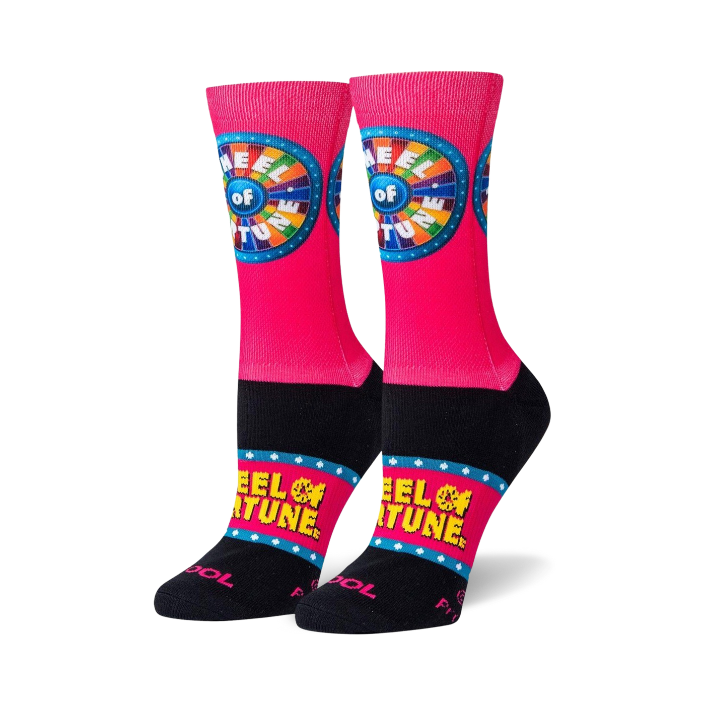 Pair of crew socks; hot pink with black cuff; Wheel of Fortune logo prominently displayed.
