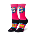 Pair of crew socks; hot pink with black cuff; Wheel of Fortune logo prominently displayed.
