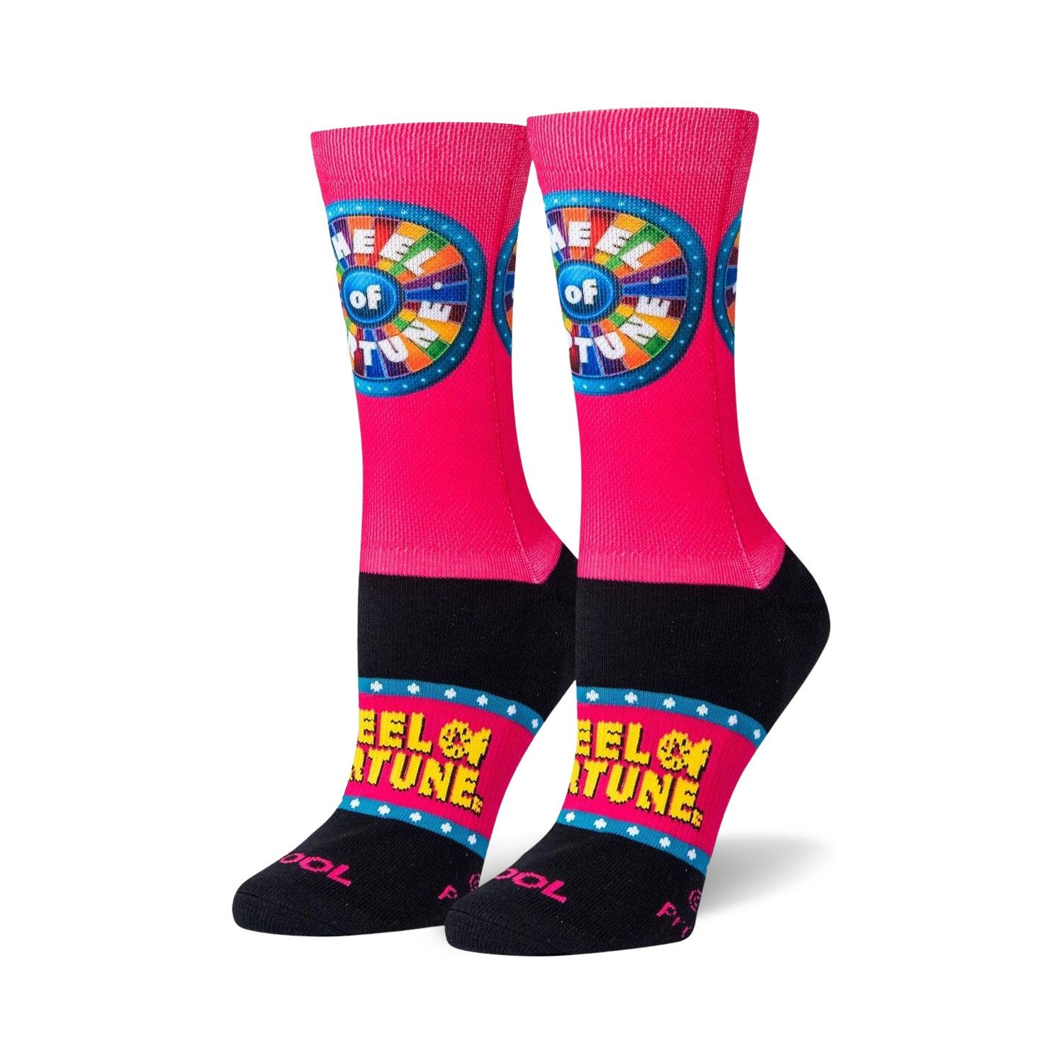 Pair of crew socks; hot pink with black cuff; Wheel of Fortune logo prominently displayed.
