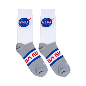 Flat lay of two white and grey socks showing the NASA meatball badge on the leg and the red worm logo on the foot.