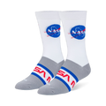 White and heather grey crew socks with the blue NASA meatball logo on the calf and the red NASA worm logo across the foot.