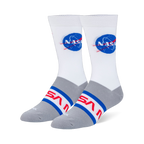 White and heather grey crew socks with the blue NASA meatball logo on the calf and the red NASA worm logo across the foot.