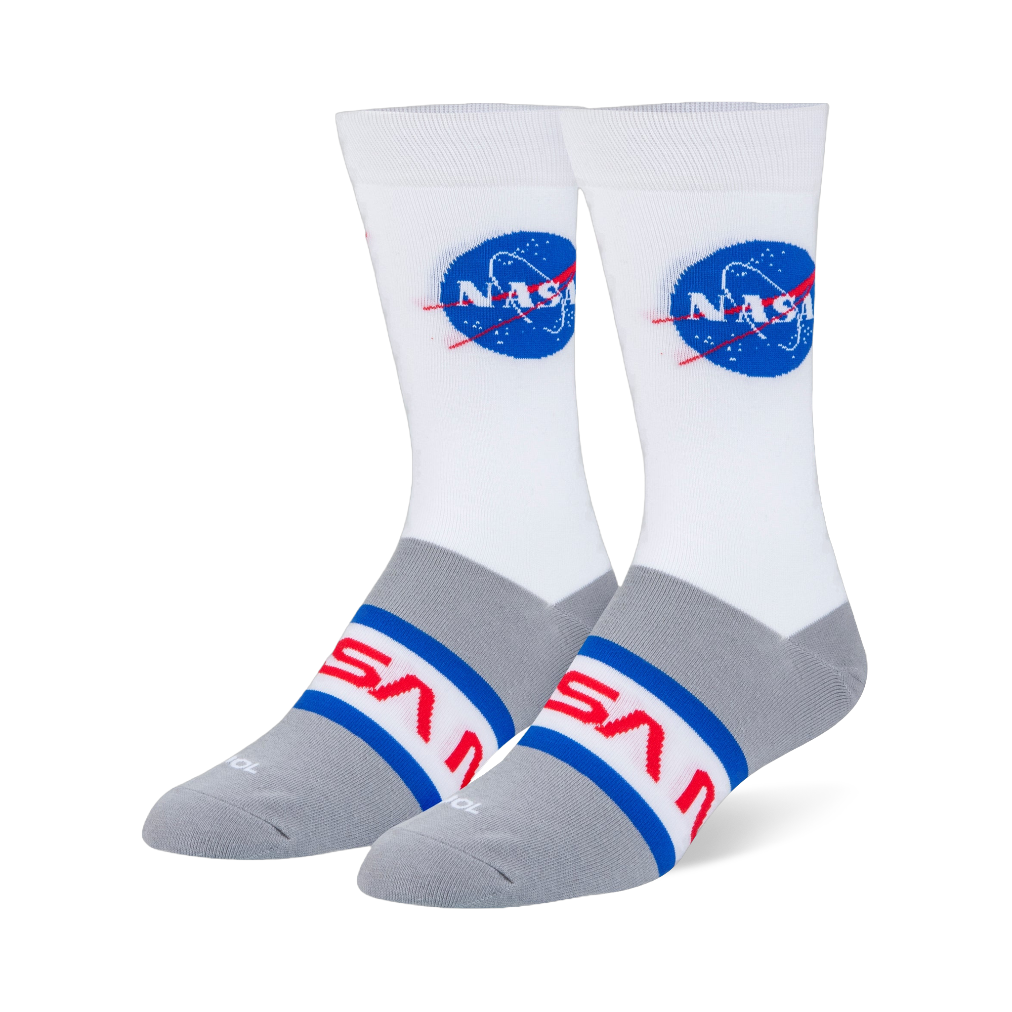 White and heather grey crew socks with the blue NASA meatball logo on the calf and the red NASA worm logo across the foot.