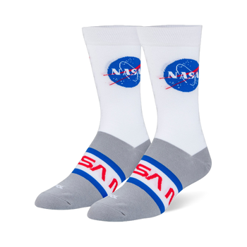 White and heather grey crew socks with the blue NASA meatball logo on the calf and the red NASA worm logo across the foot.