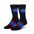 A pair of black crew socks with a red and blue stripe at the ankle. The socks feature a white dotted pattern and the NASA logo.