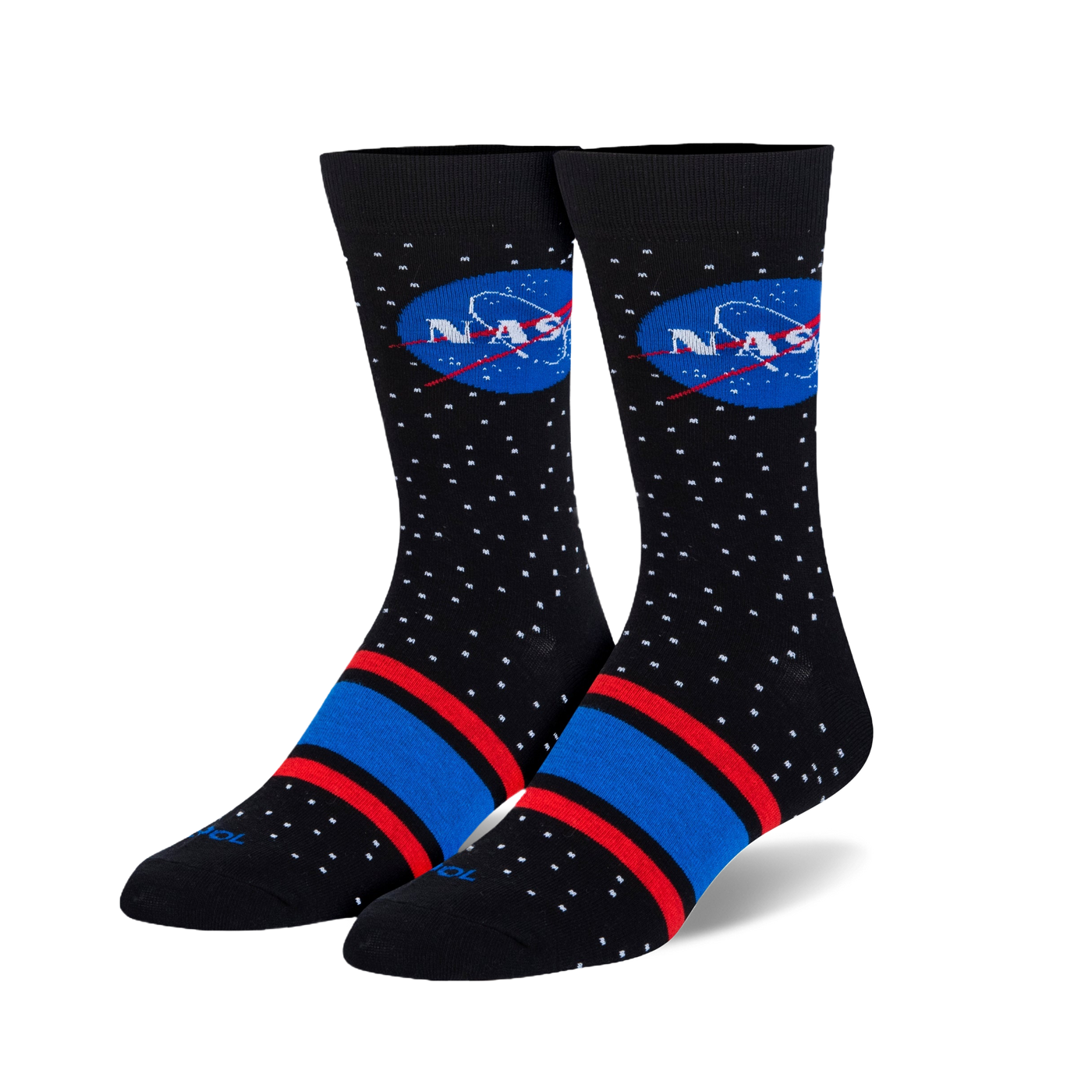 A pair of black crew socks with a red and blue stripe at the ankle. The socks feature a white dotted pattern and the NASA logo.