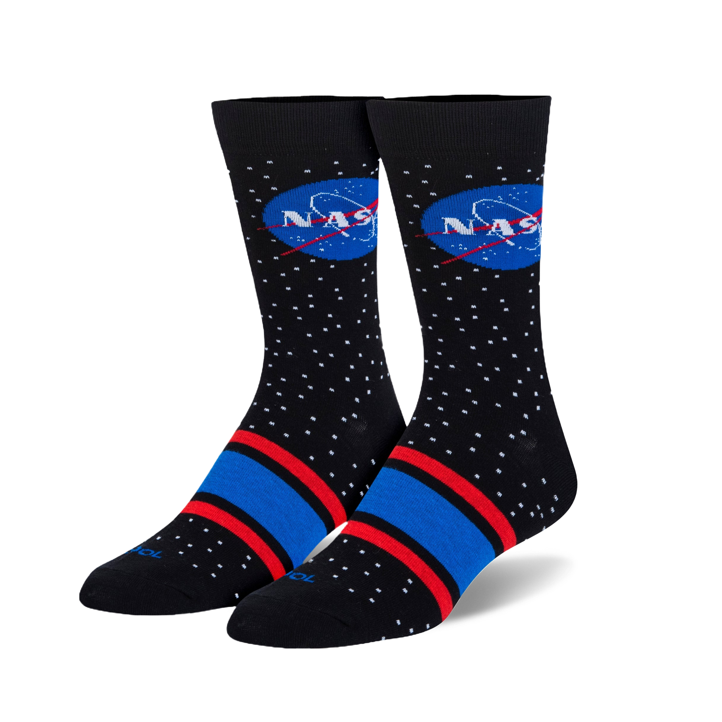 A pair of black crew socks with a red and blue stripe at the ankle. The socks feature a white dotted pattern and the NASA logo.