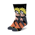 Pair of crew socks featuring Naruto Uzumaki in black, orange, and yellow.  The anime character is prominently displayed.