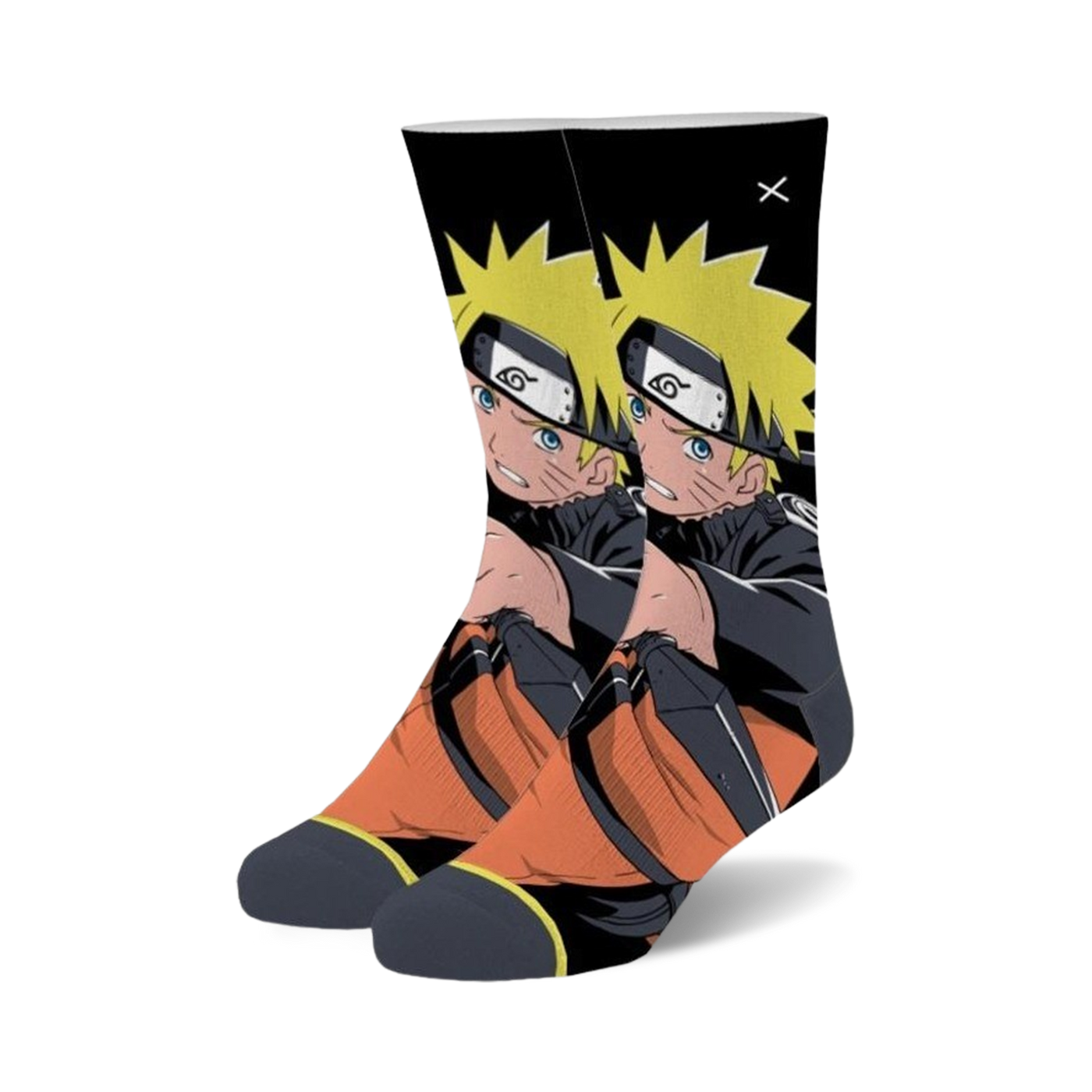 Pair of crew socks featuring Naruto Uzumaki in black, orange, and yellow.  The anime character is prominently displayed.