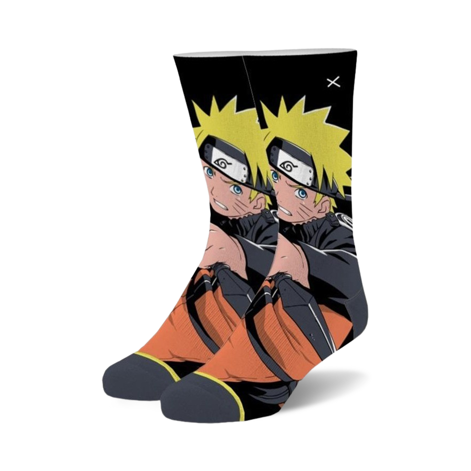 Pair of crew socks featuring Naruto Uzumaki in black, orange, and yellow.  The anime character is prominently displayed.