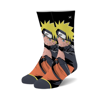 naruto uzumaki socks in black and orange cotton. naruto is sitting on a rock with a kunai in his hand.   