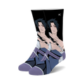 Crew socks featuring Sasuke from Naruto.  Black background with a detailed image of Sasuke holding two swords.  Purple accents on the sock cuffs.