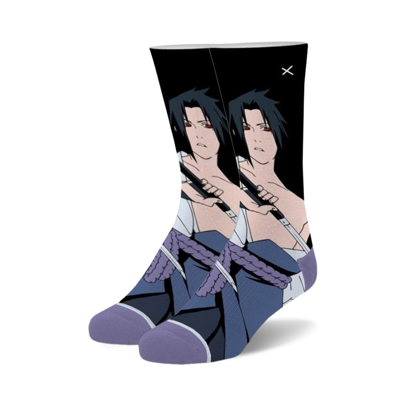 Crew socks featuring Sasuke from Naruto.  Black background with a detailed image of Sasuke holding two swords.  Purple accents on the sock cuffs.