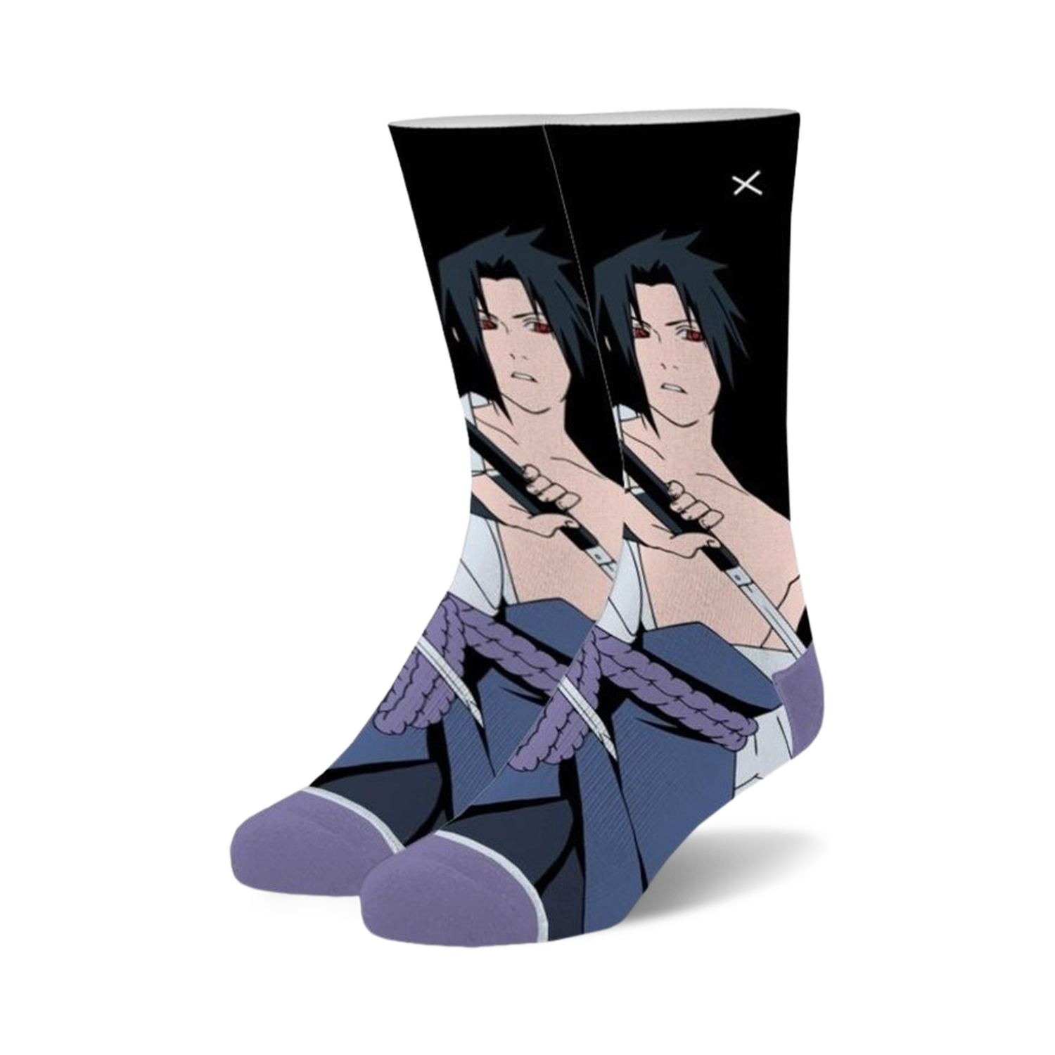 Crew socks featuring Sasuke from Naruto.  Black background with a detailed image of Sasuke holding two swords.  Purple accents on the sock cuffs.