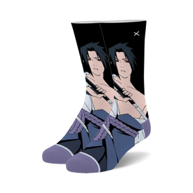black sasuke crew socks with red eyes and purple outfit design for men and women   