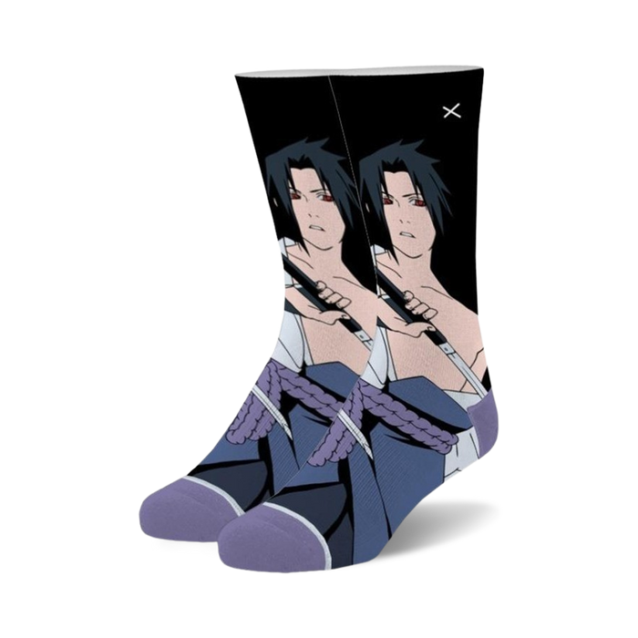 black sasuke crew socks with red eyes and purple outfit design for men and women    }}
