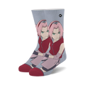 Crew socks featuring Sakura from Naruto. Predominantly light grey with pink and red accents. Sakura's image is displayed across the socks.