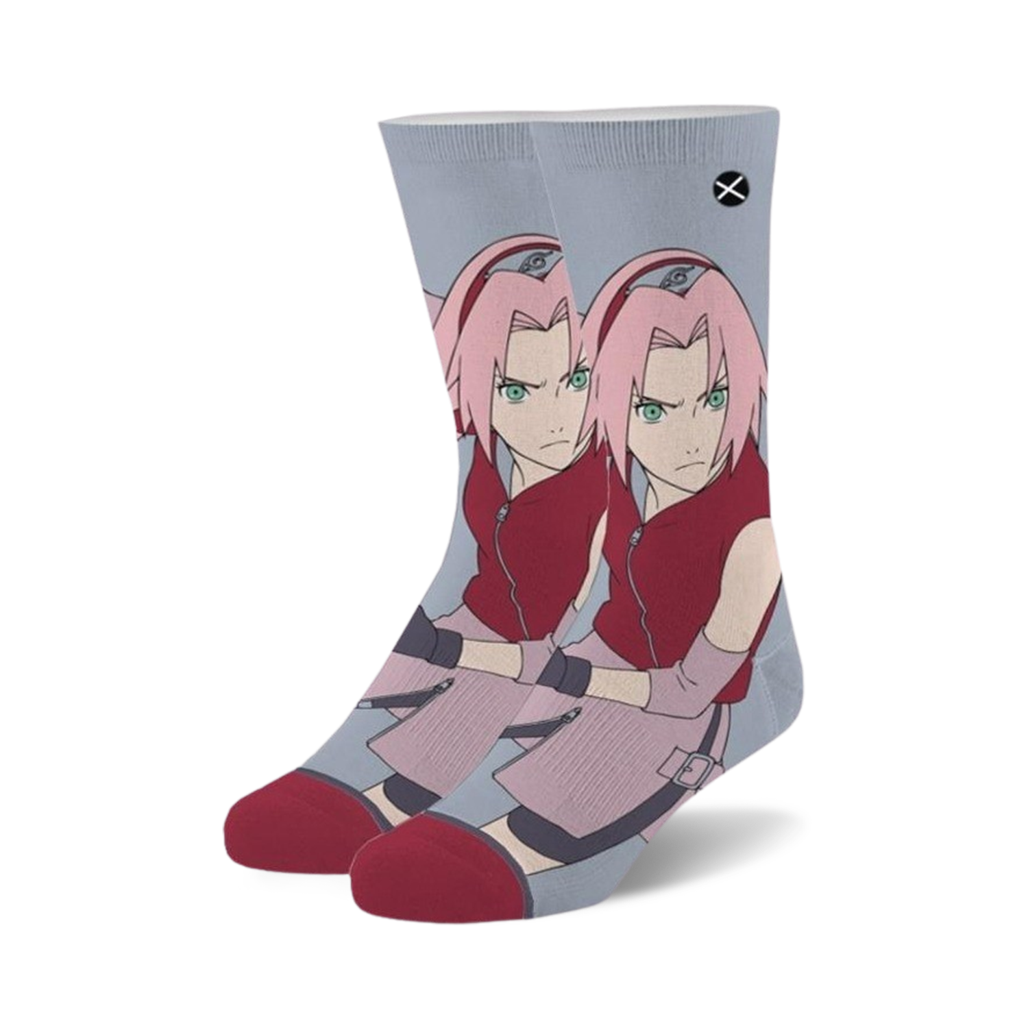 Crew socks featuring Sakura from Naruto. Predominantly light grey with pink and red accents. Sakura's image is displayed across the socks.