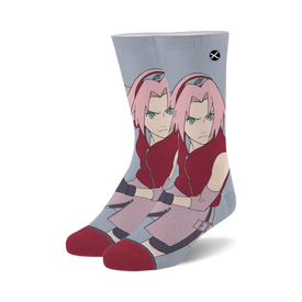 sakura crew socks, naruto themed, grey with pink hair, green eyes, red and white outfit.   