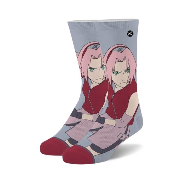 sakura crew socks, naruto themed, grey with pink hair, green eyes, red and white outfit.    }}