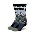 Pair of crew socks showcasing Kakashi from Naruto. Predominantly black, grey, and green, with detailed illustration of Kakashi.