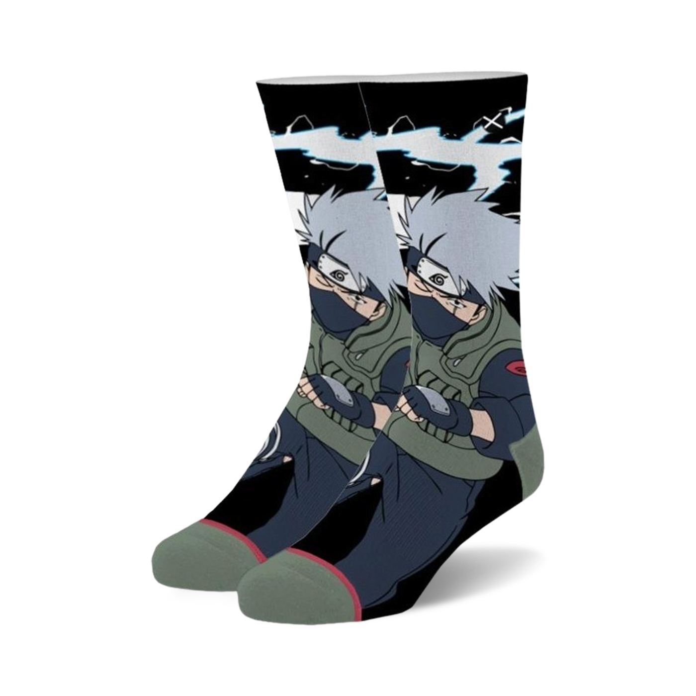 Pair of crew socks showcasing Kakashi from Naruto. Predominantly black, grey, and green, with detailed illustration of Kakashi.