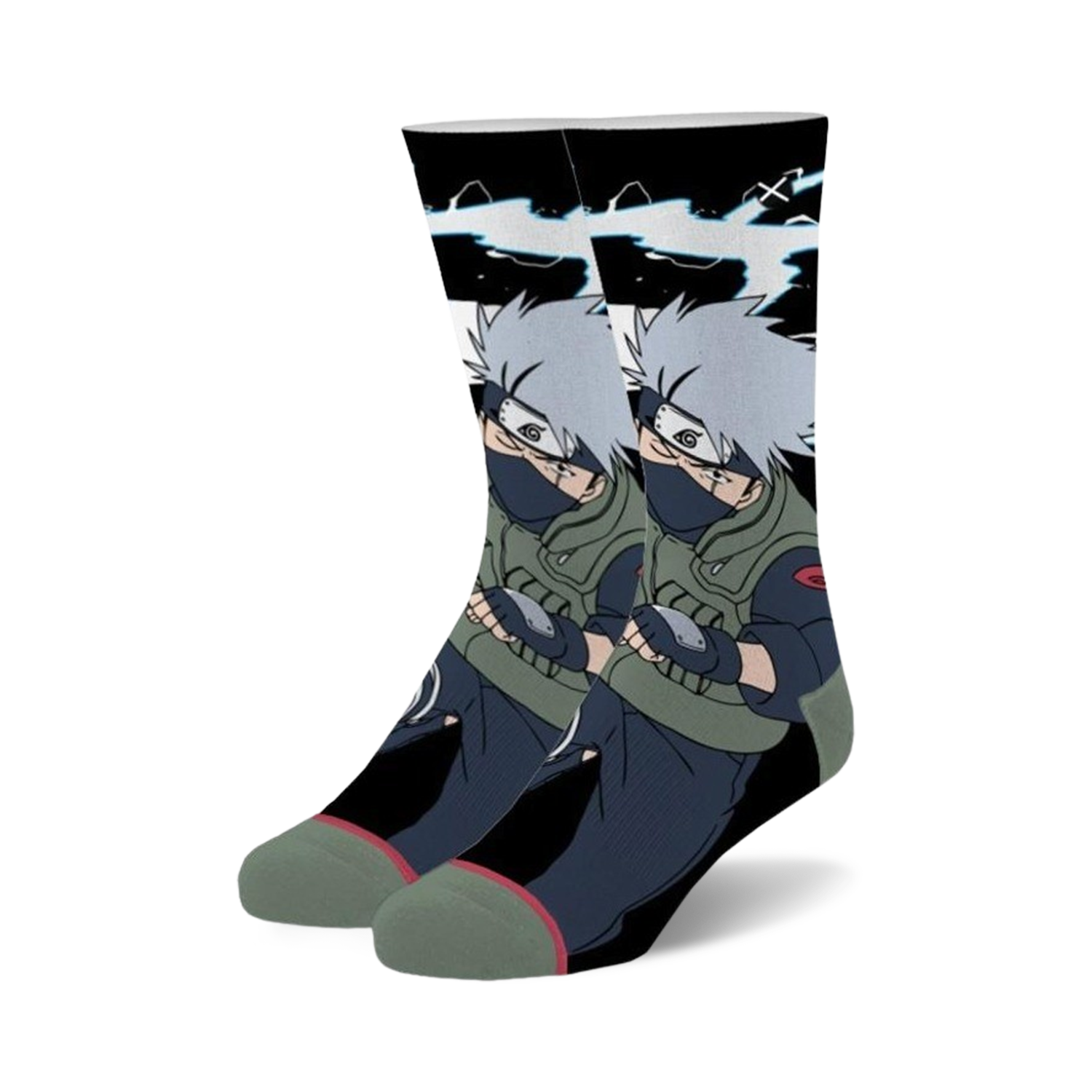 Pair of crew socks showcasing Kakashi from Naruto. Predominantly black, grey, and green, with detailed illustration of Kakashi.