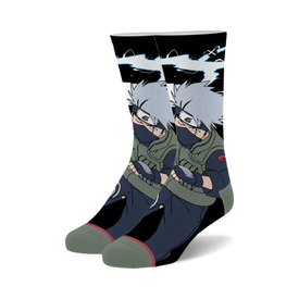 black crew socks with naruto's kakashi hatake design. made of a cotton blend and available for men and women.   