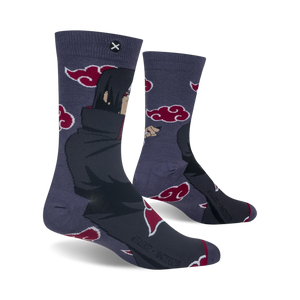 A pair of gray socks with a design of Itachi Uchiha from the anime series Naruto. The socks have a red and black cloud pattern on the leg and a black toe and heel.