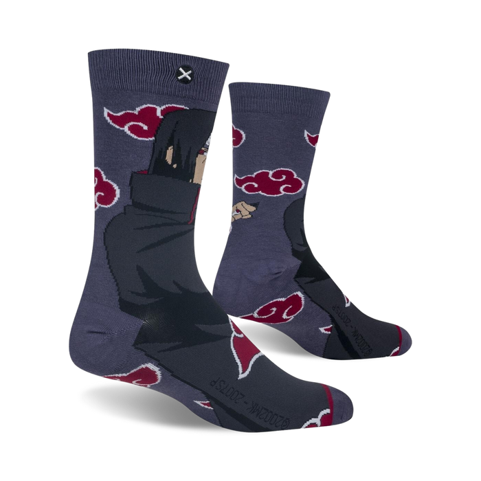 A pair of gray socks with a design of Itachi Uchiha from the anime series Naruto. The socks have a red and black cloud pattern on the leg and a black toe and heel.