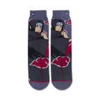 Flat lay showcasing the pair of Itachi socks laid out, highlighting the detail of the design and colors.