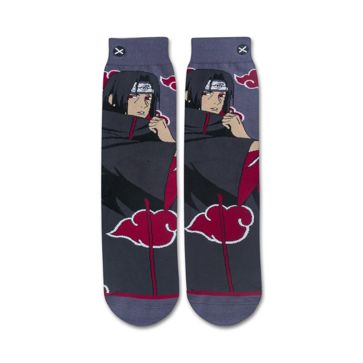 Flat lay showcasing the pair of Itachi socks laid out, highlighting the detail of the design and colors.