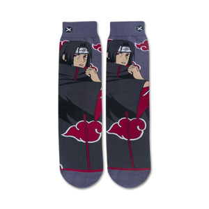 A pair of gray socks with a design of Itachi Uchiha from the anime series Naruto. The socks have a red and black cloud pattern on the leg and a black toe and heel.